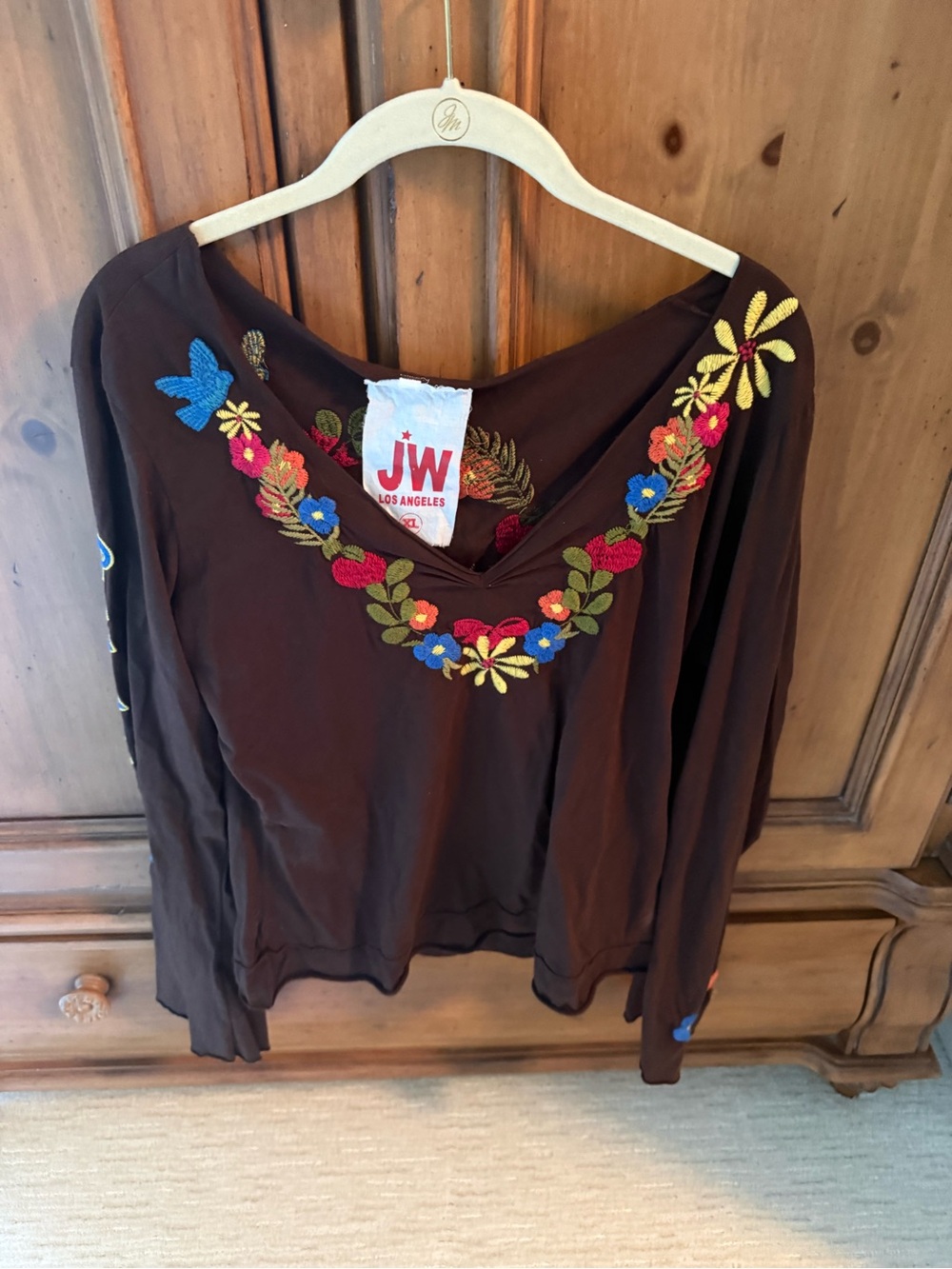 Johnny Was Brown Long-Sleeve V-Neck Top with Colorful Floral Embroidery